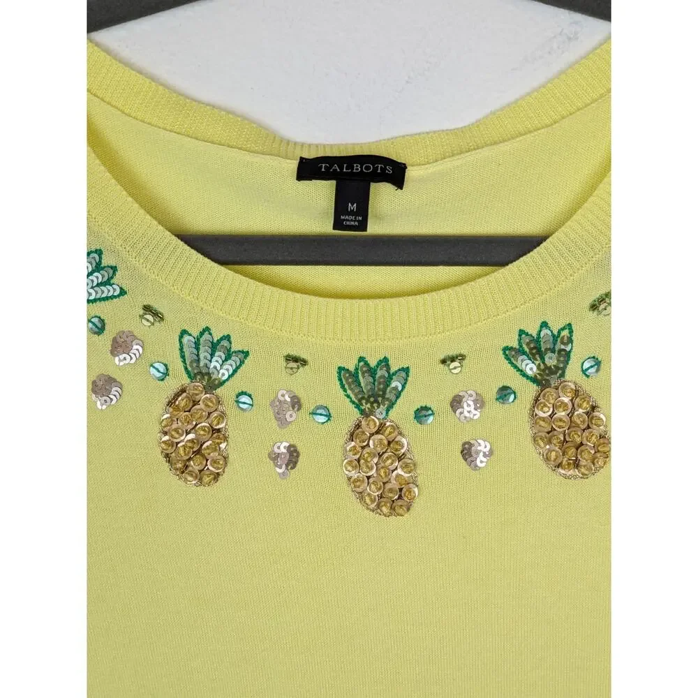 Talbots Sweater Pineapple Beaded Sequins Spring Summer Yellow Novelty Size M